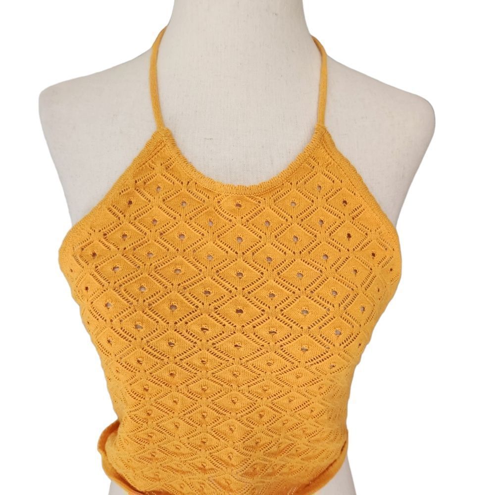 Glamorous Mustard Yellow Knot crochet Festival Halter Crop Top Medium - Picture 2 of 8